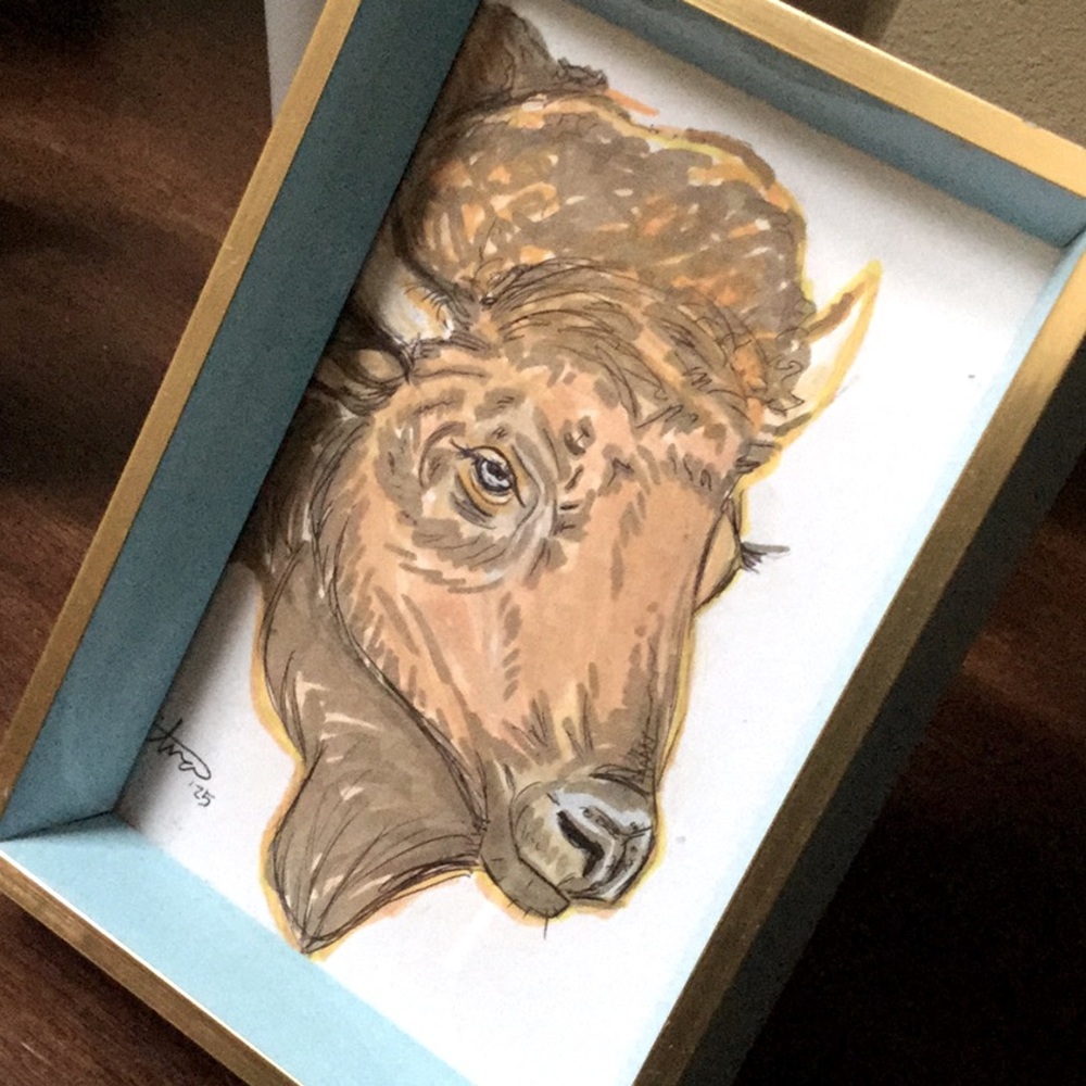 Original artisan buffalo portrait colored pen/ink drawing boho western chic⭐️🎀